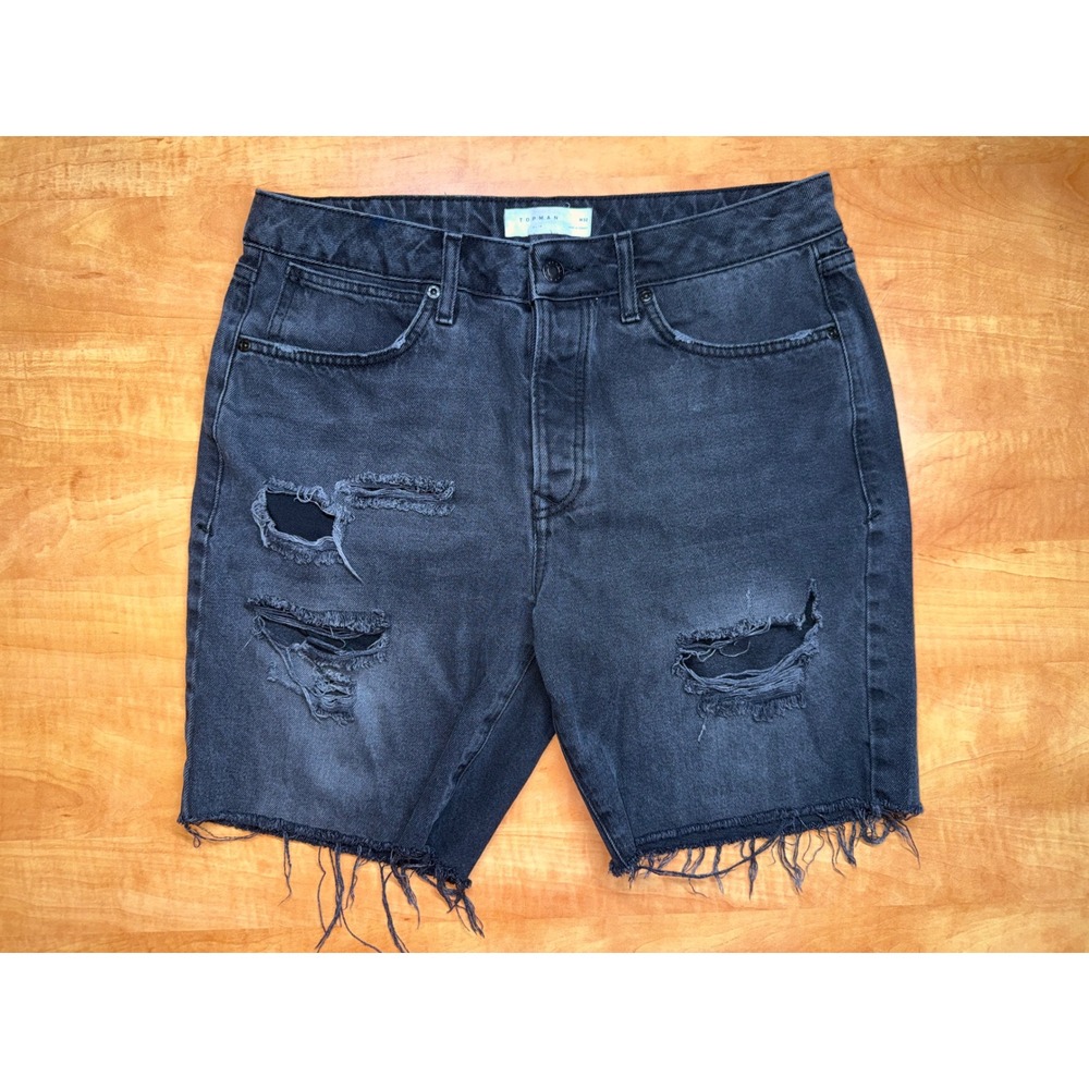Topman Mens Slim Distressed Denim Shorts Washed Black Ripped‎ Raw Hem W32